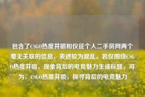 包含了CSGO热度井喷和仪征个人二手房网两个毫无关联的信息,表述较为混乱。若仅围绕CSGO热度井喷,现象背后的电竞魅力生成标题,可为,CSGO热度井喷,探寻背后的电竞魅力