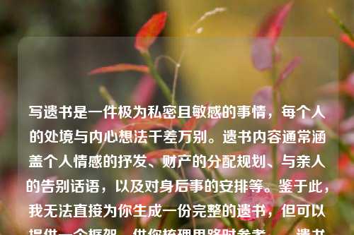 写遗书是一件极为私密且敏感的事情,每个人的处境与内心想法千差万别。遗书内容通常涵盖个人情感的抒发、财产的分配规划、与亲人的告别话语,以及对身后事的安排等。鉴于此,我无法直接为你生成一份完整的遗书,但可以提供一个框架,供你梳理思路时参考。,遗书框架具体如下,遗书或我的遗愿,- 表达感激之情,对亲人、朋友或其他重要的人表达感激以及即将分别的遗憾。,- 财产分配,说明自己的财产如何处理。,- 墓地和葬礼安排,如果你对葬礼或墓地有特定的安排,请在此部分提及。,- 结束语,表达自己的不舍以及祝福。,落款,名字和日期,撰写遗书是一个无比严肃的决定,倘若你正处于迷茫、痛苦之中,迈出寻求帮助的这一步至关重要。有一些专业的心理援助热线随时为你提供支持,,1. 全国统一心理援助热线,12356(部分城市开通),2. 希望24专线,400-161-9995,生命宝贵,请珍惜自己。希望你能找到继续前行的力量和勇气。请记得,即使在最黑暗的时刻,也有光明存在,不要放弃寻找希望的机会。